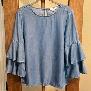 Beach Lunch Lounge Chambray Ruffle Sleeve Top, Size M